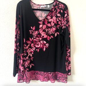 Susan Graver Sz L Liquid Knit Tunic Top Chiffon Trim Black Pink Floral Artsy